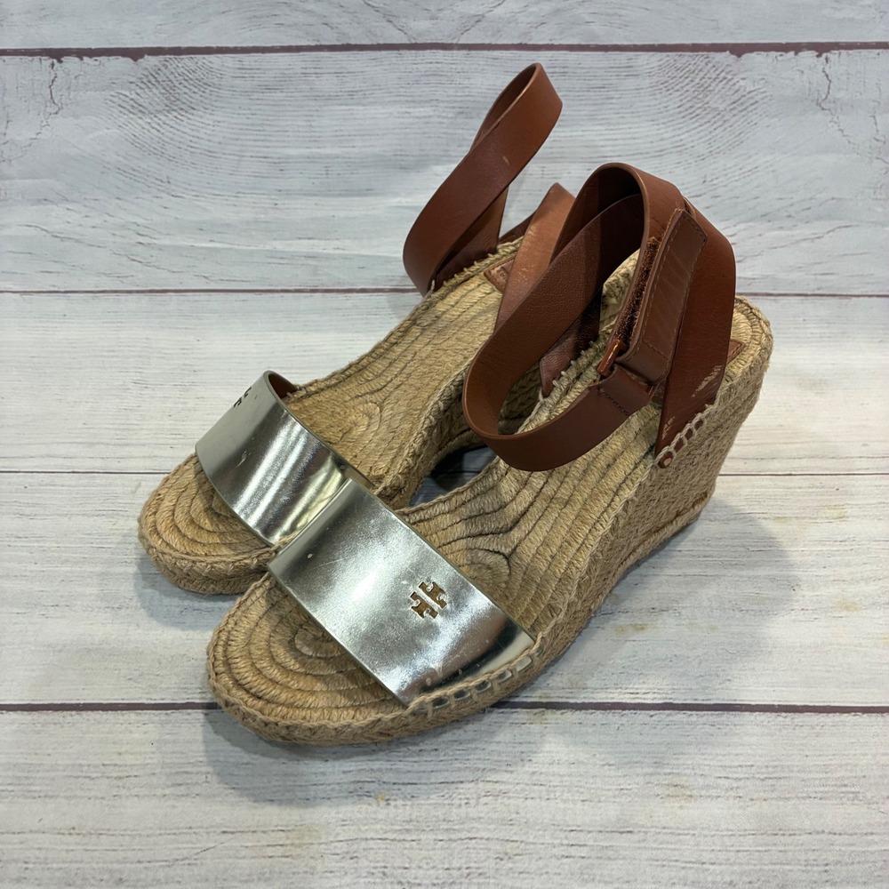 Tory Burch Espadrille Wedge Sandals Womens 6 Silver Leather Logo Brown Good